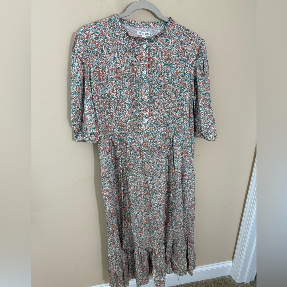 Beau & Ro Maxi Dress Floral Pastel Prairie Cottage Ruffle Smocking lyocell sz L